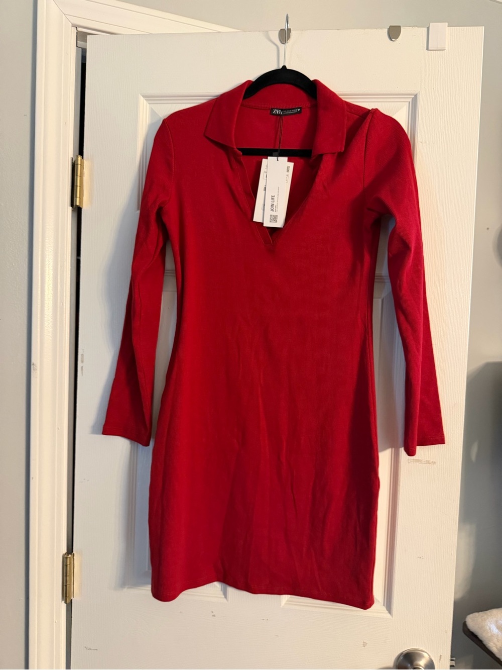 Zara Red Collared Long Sleeve Knit Dress